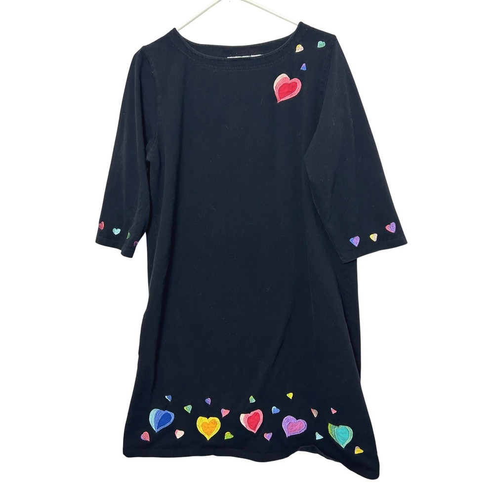 90s Michael Simon Lite Dress XL Black Embroidered Hearts Artsy teacher kidcore